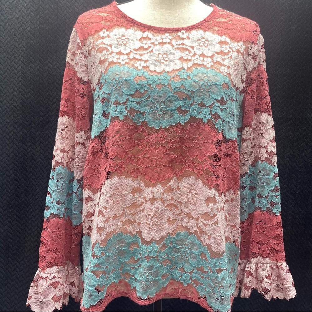 Floral Lace Blouse By Maxsport Women’s XL Flounce Sleeves Keyhole Button